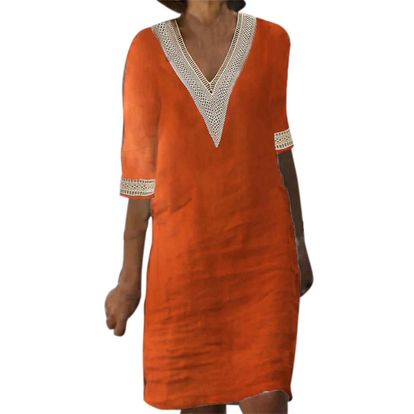 thumbnail image 1 of Vestido de mujer con cuello en V, costuras de encaje y manga media: vestido ligero y casual de verano con diseño clásico, 1 of 5